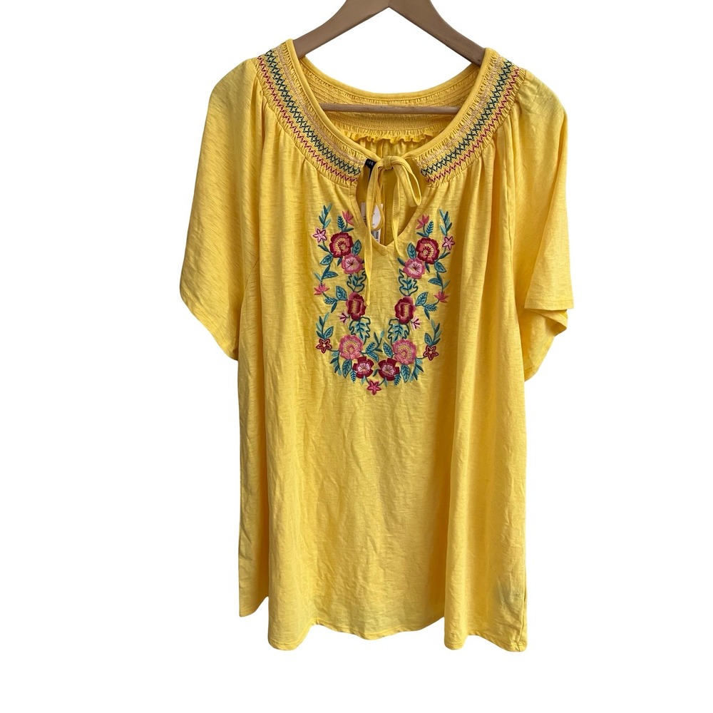 NWT Lane Bryant Yellow Floral Embroidered Peasant Top Plus 18/20 Boho Blouse